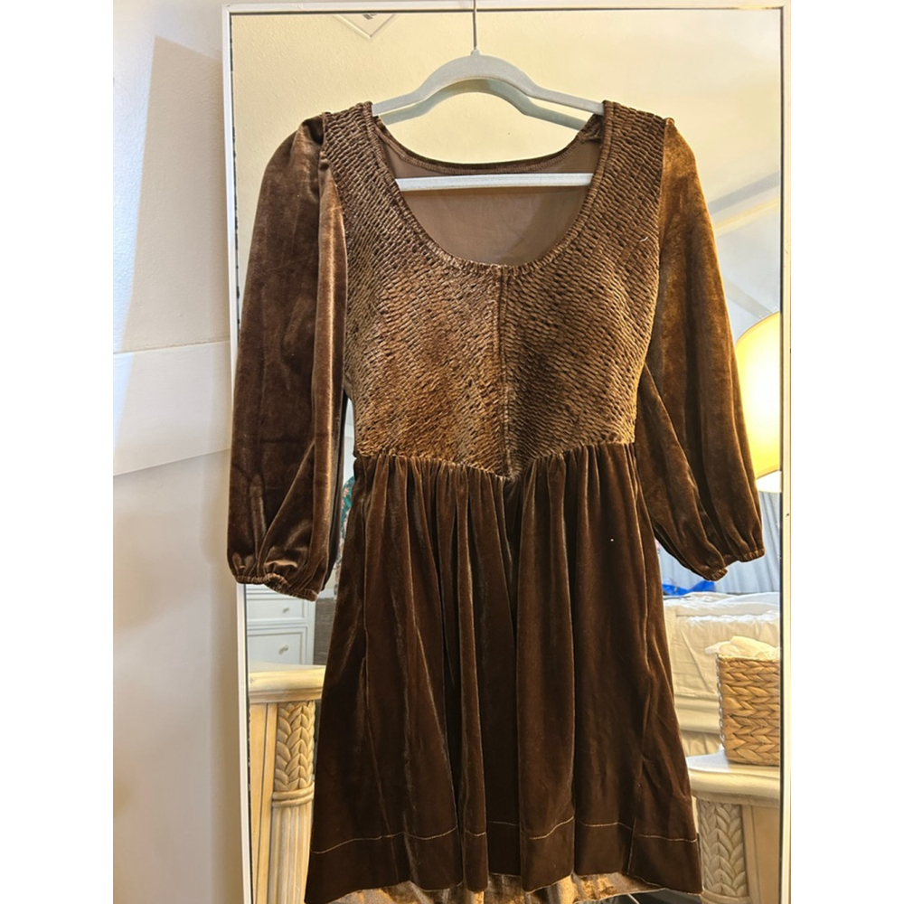 NEW Velvet Balloon Sleeve Babydoll Scoop Neck Smocked Drop Waist Dress S
